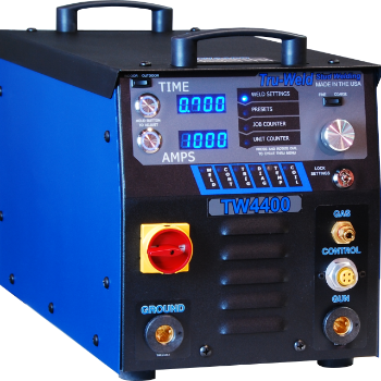 Truweld TW4400 stud welding system for 5/8" diameter studs, featuring digital controls, power switch, grounding, and gas control.