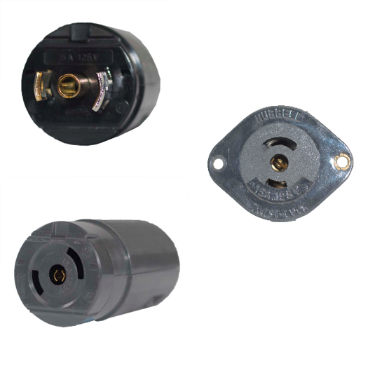 Three Hubbell style control cable connectors for Nelson stud welding machines, male, female and panel mount