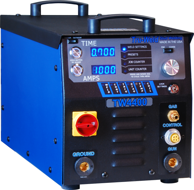 Truweld TW4400 stud welding system for 5/8" diameter studs, featuring digital controls, power switch, grounding, and gas control.