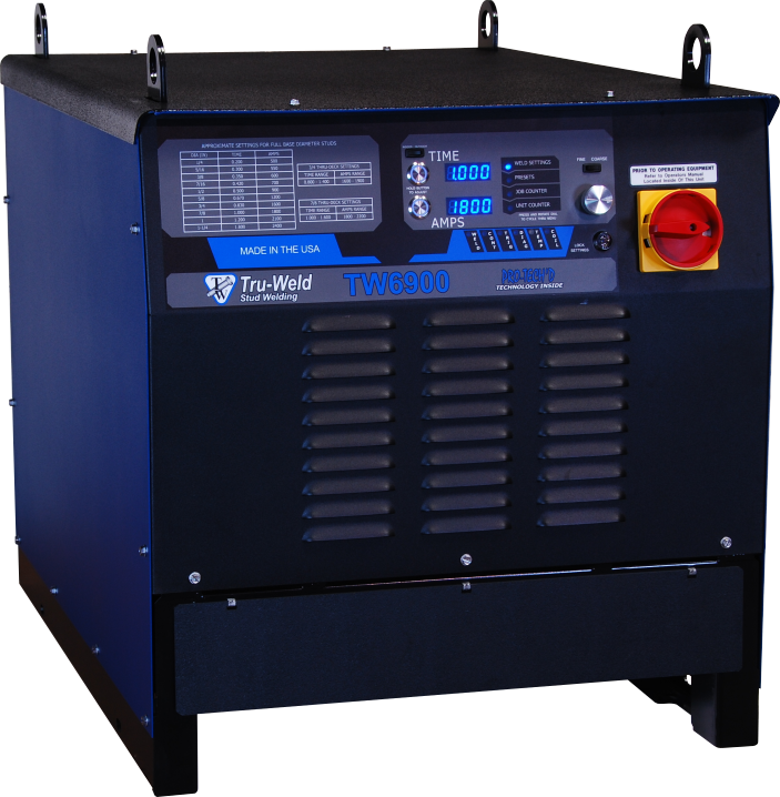 Truweld TW6900 complete stud welding system for 1-1/4" diameter studs, featuring digital controls, display, and safety switch.