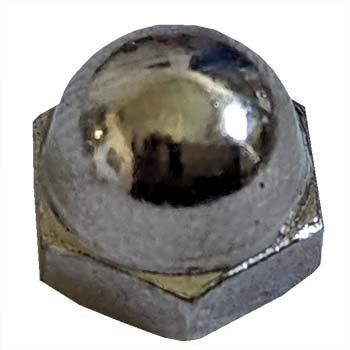 A shiny, metallic 10-24 acorn nut made of mild steel, with a rounded top and hexagonal base for fastening applications.