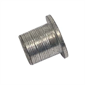 Metal B stop for specific length studs, cylindrical with a flange, used to secure or position studs in assemblies.
